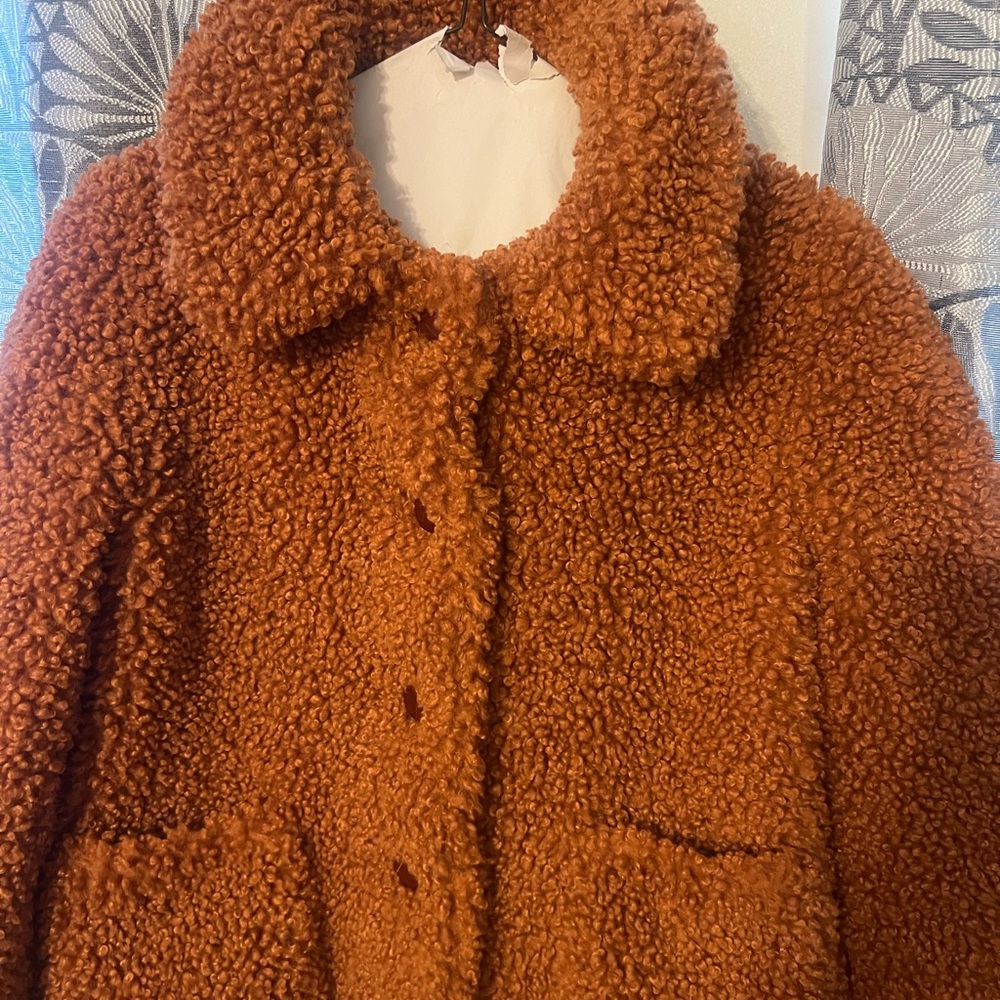 Cozy Teddy Faux Shearling Jacket in Rust Brown